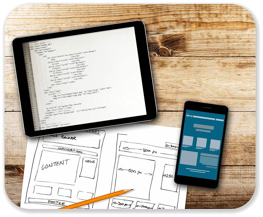 Website wireframe sketch and programming code on digital tablet
